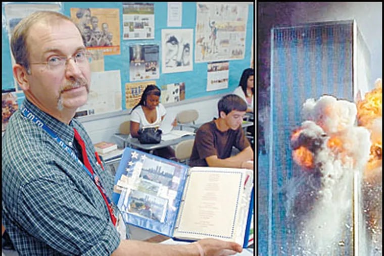 Bob Barnshaw uses a 9/11 scrapbook in his history classes at Washington Township High in New Jersey. He calls the subject a 'uniquely impactful' challenge. (APRIL SAUL / Inquirer; KHBS/KHOG-TV)
