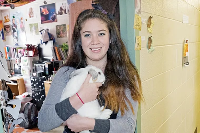 In Samuel Hall dormitory, students have been allowed to live in their dorm rooms with pets. Here, Sarah Boughton, 19, outside her dorm room with Isla, her Holland Lop rabbit.( Ed Hille / Staff Photographer )