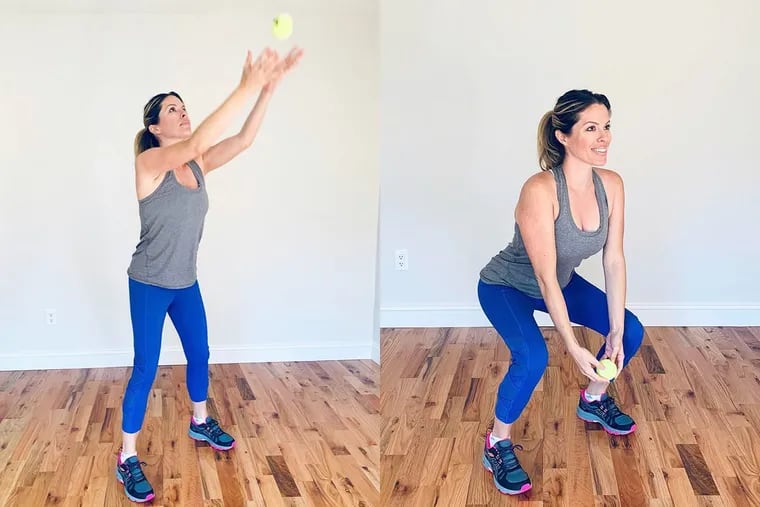 Use a tennis ball to practice your squat form.