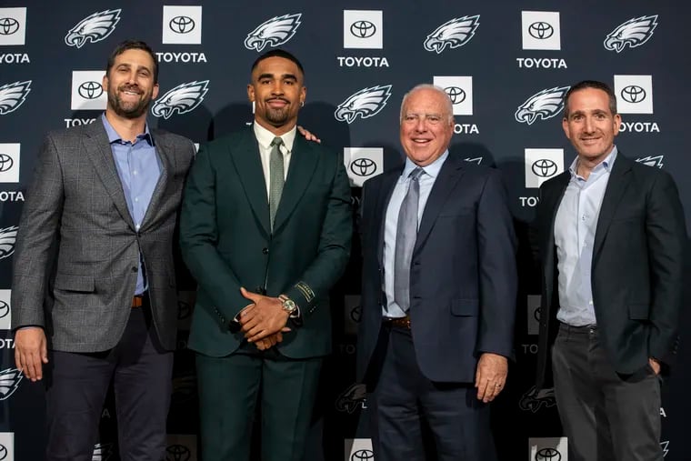 The Eagles' Super Bowl foundation: Nick Sirianni, Jalen Hurts, Jeffrey Lurie and Howie Roseman.
