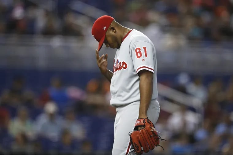 Phillies reliever Edubray Ramos reacts after being taken out during the fifth inning.