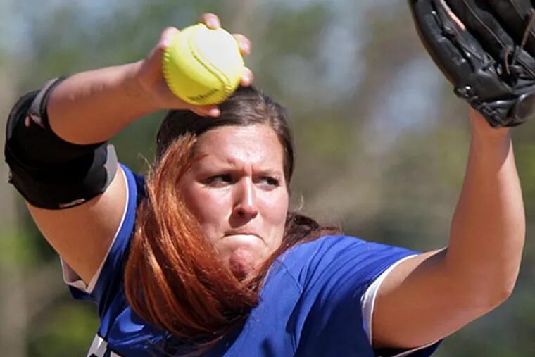 Conwell-Egan's Gina Massaro winds up to throw a pitch during her
two-hitter Thursday. (Lou Rabito/Staff)