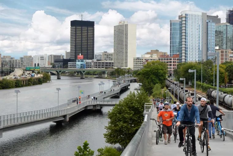 The Schuylkill River Trail and its connecting Schuylkill Banks Boardwalk near South Street in Center City.