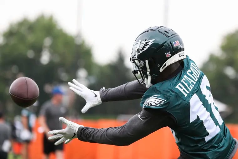 Eagles wide receiver Jalen Reagor (18) catches a ball during a drill on the second day of training camp.