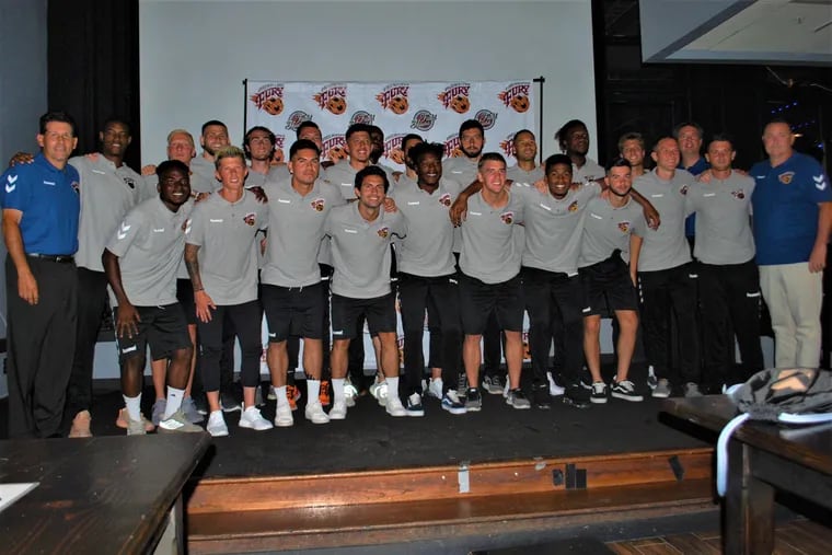 Players, coaches and staff from the Philadelphia Fury soccer team that has temporarily withdrawn from playing in the National Independent Soccer Association. At the far left is head coach Cris Vaccaro; at the far right is CEO and sporting director Matt Driver.