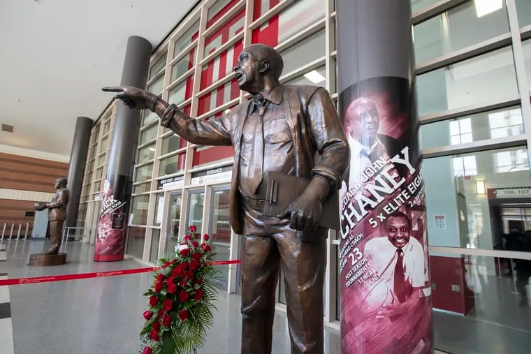 The statue of Temple coaching great John Chaney at the Liacouras Center on Monday where his public viewing was held.