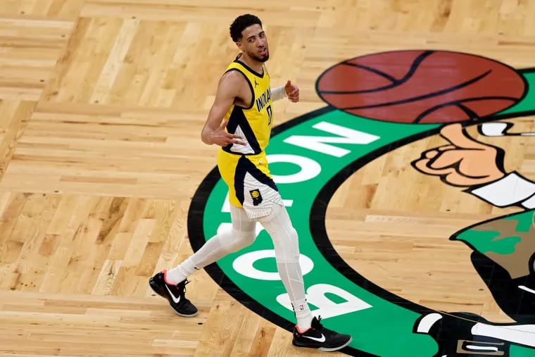 Tyrese Haliburton #0 of the Indiana Pacers reacts after making a three-point basket during the second quarter against the Boston Celtics in Game One of the Eastern Conference Finals at TD Garden on May 21, 2024 in Boston, Massachusetts. (Photo by Adam Glanzman/Getty Images)