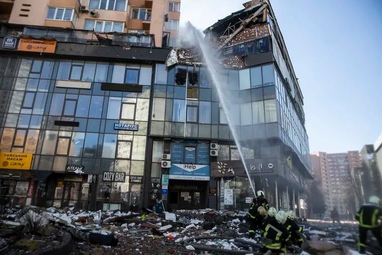 A residential building in Kyiv, Ukraine, was damaged in a missile strike.