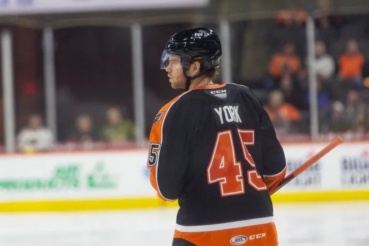 Cam York during a Lehigh Valley Phantoms game against the Hershey Bears on Nov. 30. York was called up to the Flyers eight days later.