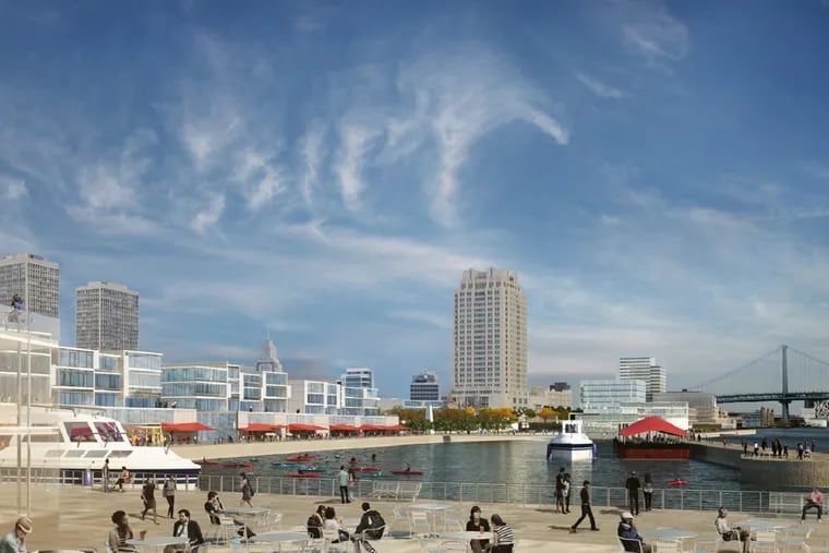 Conceptual artist's rendering of Penn's Landing after planned redevelopment. These images show low-rise buildings planned along the southern section of Penn's Landing's main strip.