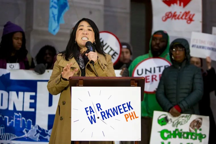 City council member Helen Gym speaking in support of Fair Work Week legislation at City Hall in February 2018.