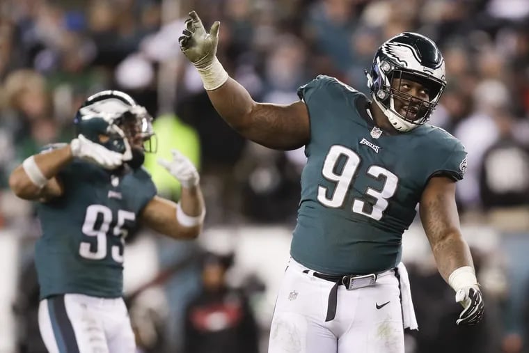 Eagles defensive tackle Timmy Jernigan waves his arms against the Atlanta Falcons in a NFC Divisional Playoff game on Saturday, January 13, 2018 in Philadelphia. YONG KIM / Staff Photographer