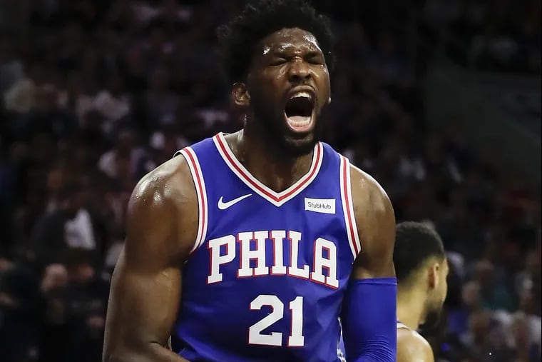 Sixers center Joel Embiid reacts after missing a first-quarter dunk attempt against the Chicago Bulls on Thursday, October 18, 2018 in Philadelphia.