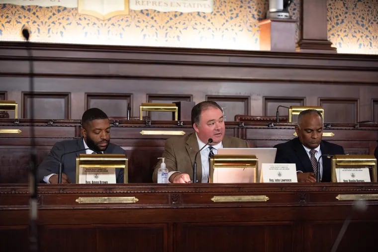 PA State Reps. Amen Brown (left), John Lawrence (center) and Danilo Burgos (right) at a meeting for The House Select Committee on Restoring Law and Order at the Capitol on Monday, Oct. 24, 2022 in Harrisburg, PA. The committee voted unanimously to send an interim report to the full House regarding Philadelphia District Attorney Larry Krasner.