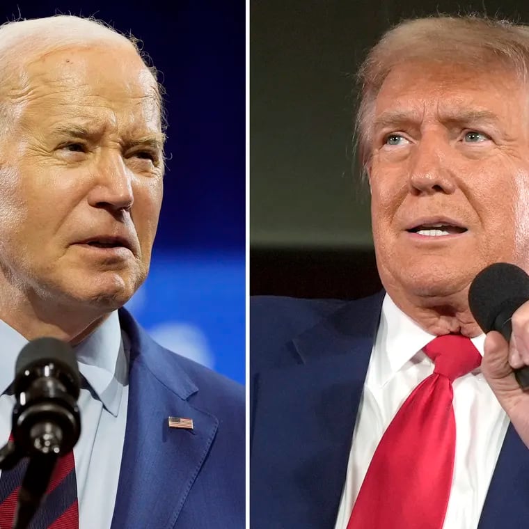 In this combination photo, President Joe Biden speaks earlier this month in Wilmington, N.C., left, and Republican presidential candidate former President Donald Trump speaks at a campaign rally earlier this month in Waukesha, Wis.