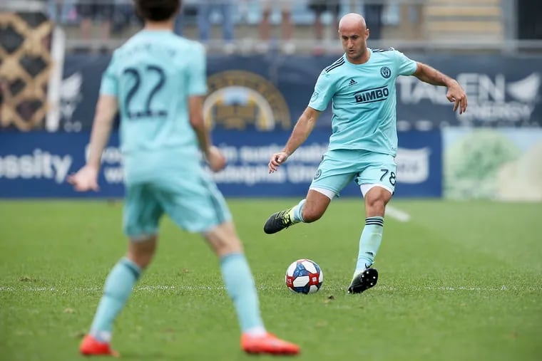 Aurélien Collin (right) in action for the Union in 2019. He has played just one minute this year, serving as a player-coach most of the time.