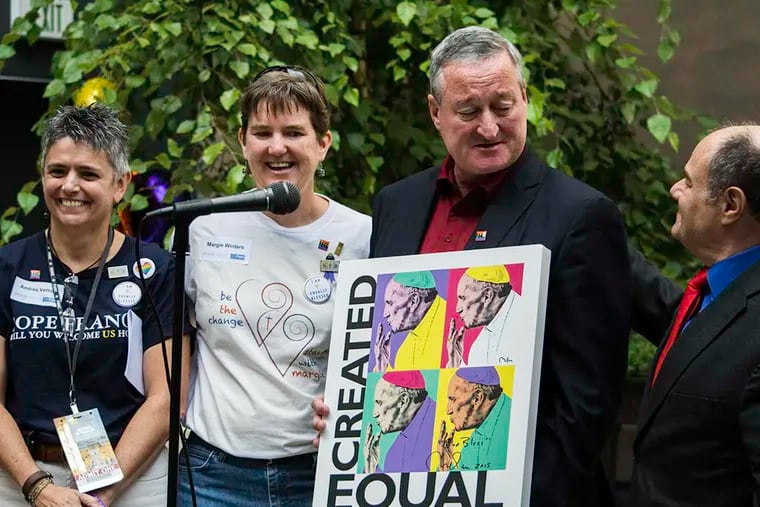 Andrea Vettori, Margie Winters, and Mark Segal (right) present Democratic mayoral nominee Jim Kenney with Papal artwork promoting social equality LGBT Family Papal Picnic on Sept. 26, 2015. ( AARON WINDHORST / Staff Photographer )