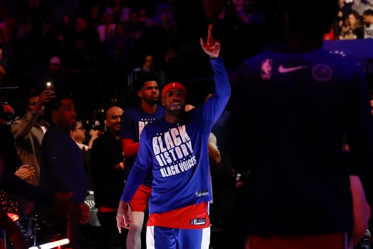 Sixers guard Buddy Hield during player introductions before the Sixers played the Atlanta Hawks on Friday, February 9, 2024 in Philadelphia.