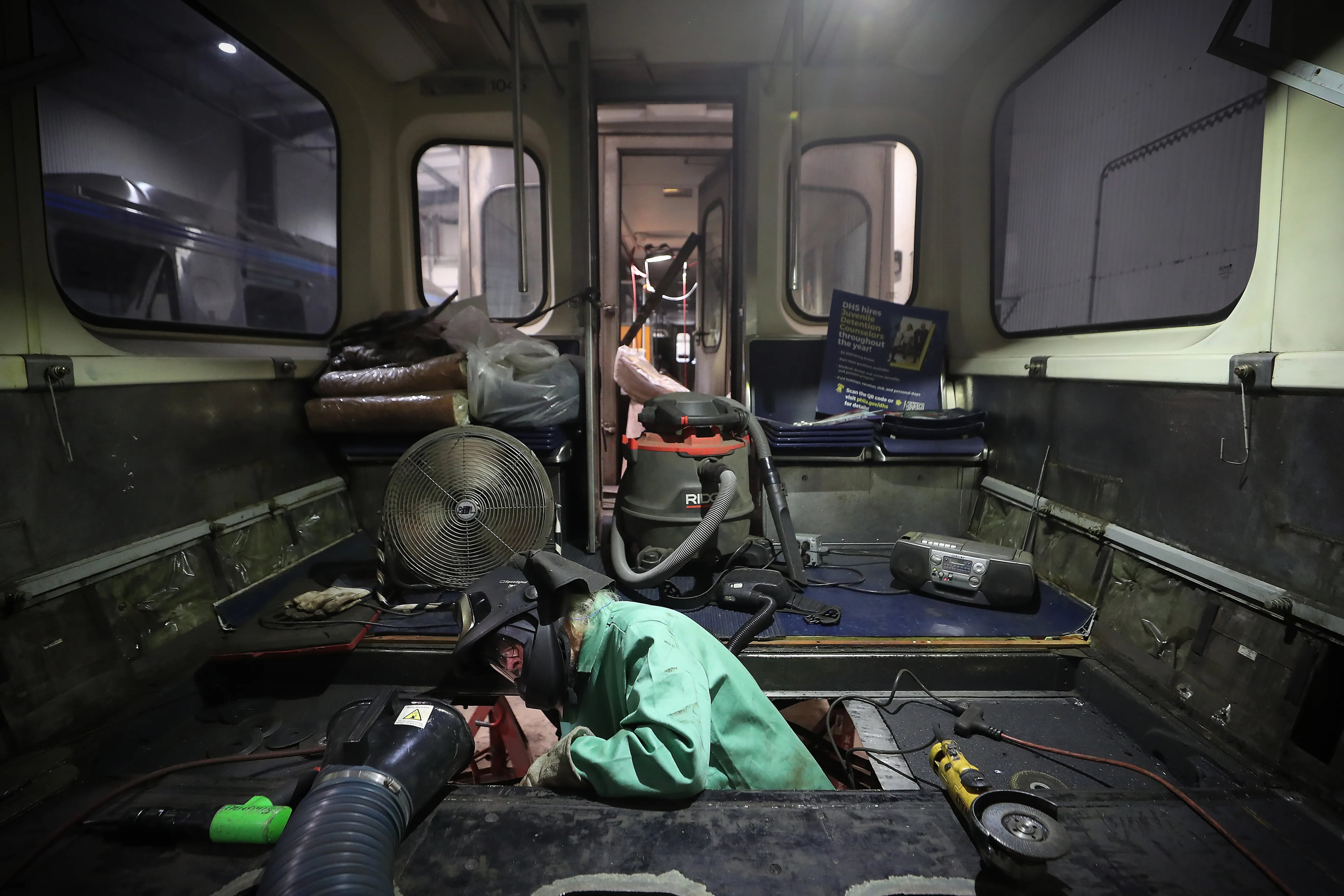 Buddy LeSage, a welder specialist for SEPTA, works on a body bolster repair on a car at SEPTA’s Market Frankford Line maintenance garage in Upper Darby.