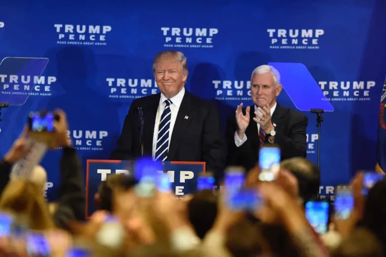 Donald Trump and his running mate Indiana Gov. Mike Pence appear at a Tuesday campaign event in King of Prussia.