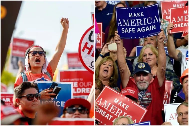 A union member (left) raises a fist in protest of President Trumps policy of separating immigrant families at a Philadelphia rally on Aug. 15, 2018. A Trump supporter shows his enthusiasm for the president at a rally in Billings, Mont. on Sept., 6, 2018.