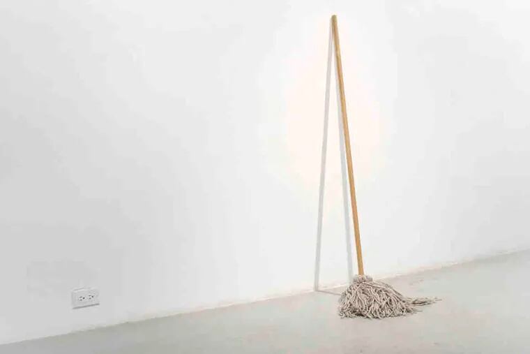 Frances Trombly's &quot;Mop,&quot; among her ordinary objects in woven fabric. She's paired with wackier Jenny Drumgoole at Moore.