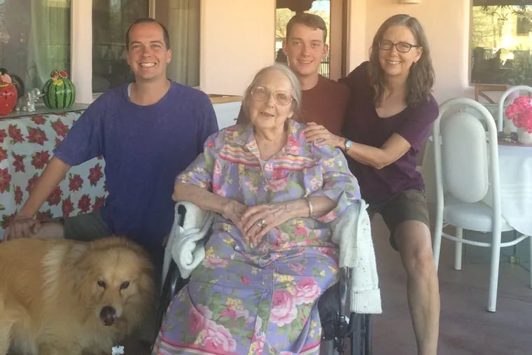This photo of Ardeth Burling was taken in 2017 at the assisted living facility where she lives. From left to right are the facility dog, Winston, grandsons Adam and Colin Bredenberg, and daughter, Stacey Burling.