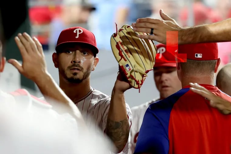 Vince Velasquez of the Phillies is congratulated for his pitching performance against the Marlins on June 29, 2021.