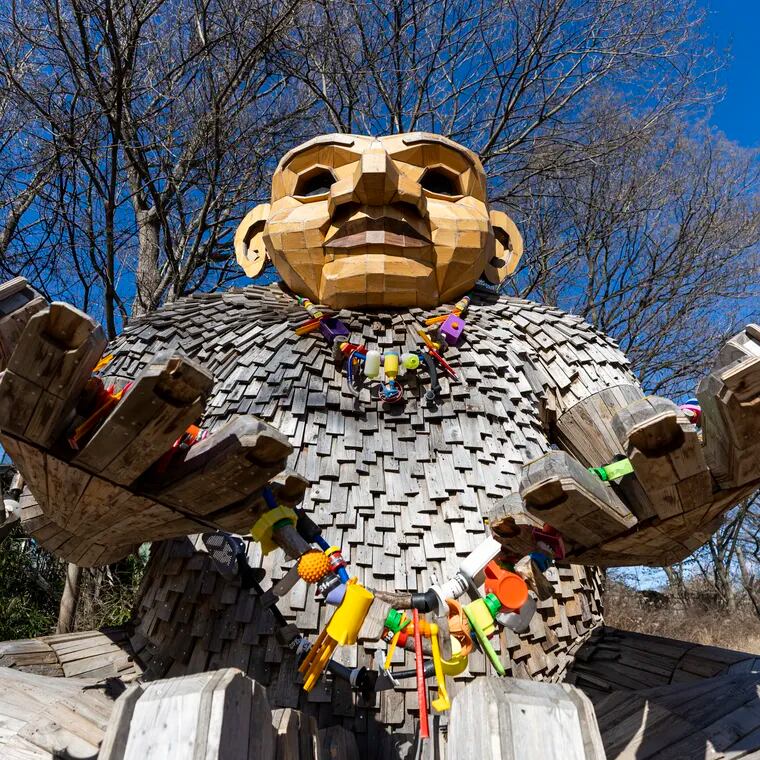 One of the six trolls known as Kamma Can, created by Recycle Art Activist Thomas Dambo, of Denmark, can be seen throughout the Philadelphia Zoo in Philadelphia, Pa., on Friday, Feb. 16, 2024. Kamma Can is a creator, when humans see trash, she sees potential.