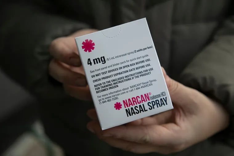 A box containing two single doses of Narcan nasal sprays.