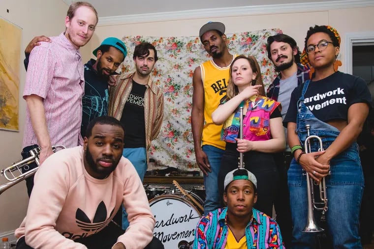 the West Philadelphia band Hardwork Movement. Top (from left to right): Marty Gottlieb-Hollis, Sterling Duns, Jeremy Prouty, Rick Banks, Dani Gershkoff, Angel Ocana, Becca Graham. Front (from left to right): RB Ricks, Jeremy Keys.