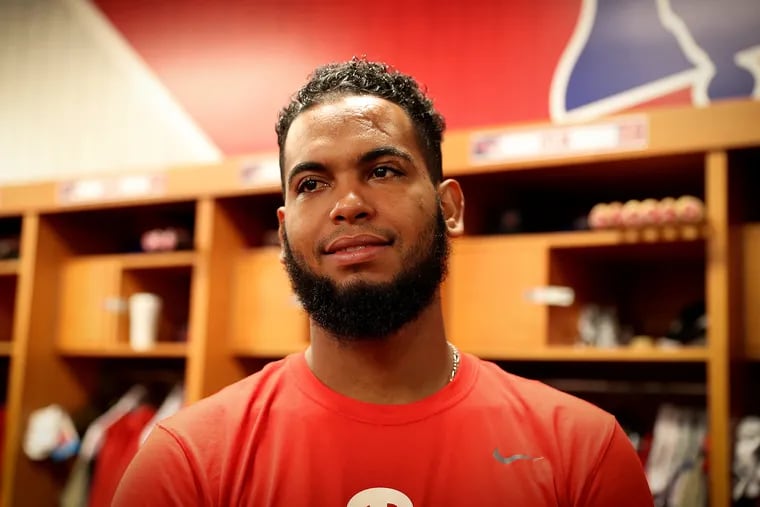 Seranthony Dominguez talks with reporters inside the clubhouse at the start of spring training at the Phillies training facility in Clearwater, FL on February 12, 2020. .