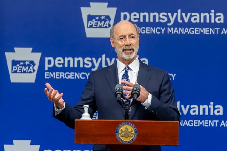 Pennsylvania Gov. Tom Wolf meets with the media at The Pennsylvania Emergency Management Agency (PEMA) headquarters in Harrisburg, Pa. on May 29, 2020. Wolf on Tuesday, Aug. 25 asked lawmakers to send him a bill that would legalize the recreational use of marijuana, and outlined how he thinks the state should spend more than $1.3 billion left in federal coronavirus relief funds. (Joe Hermitt/The Patriot-News via AP, File)