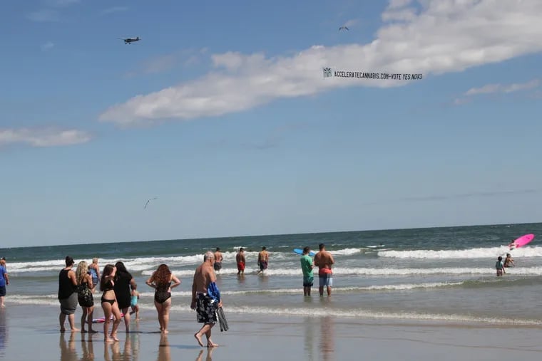 A banner plane from Paramount Air Service flies from Cape May to Long Beach Island on the Jersey Shore.
