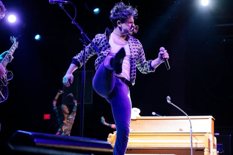 Low Cut Connie’s Adam Weiner kicks while performing at the Fillmore Philadelphia in Phila., Pa. on Oct. 14, 2021.