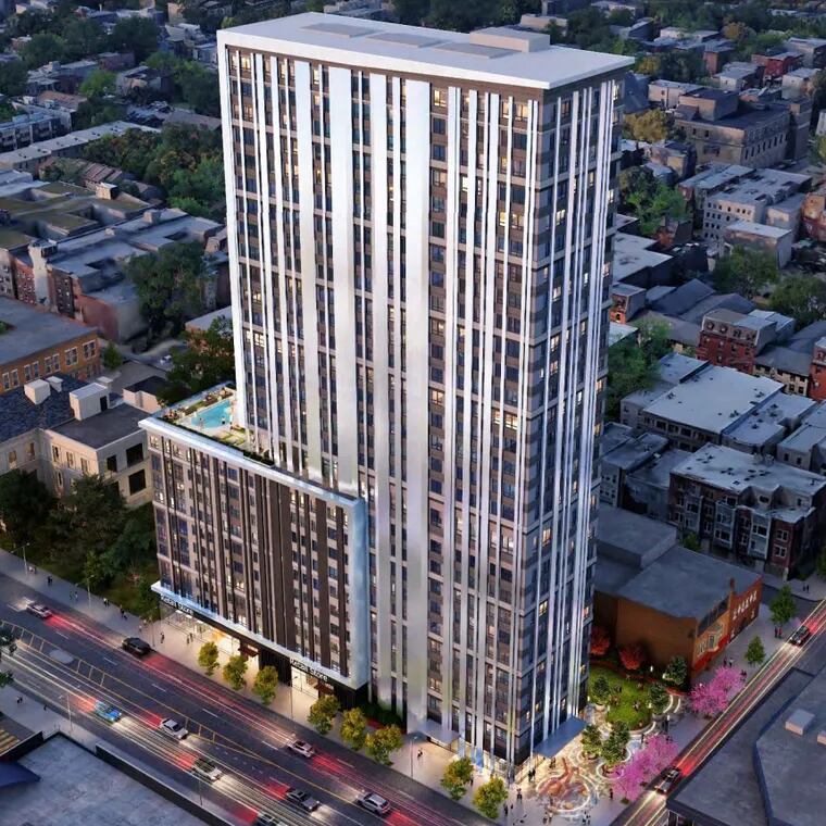 An aerial view of the new Landmark Properties project slated for Broad Street near Temple University.