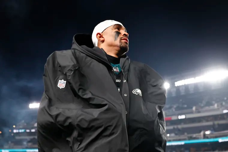 Eagles quarterback Jalen Hurts leaves the field after the Eagles bear the New York Giants on Monday, December, 25, 2023 in Philadelphia