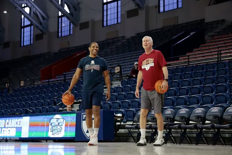 Former Penn teammates Paul Little (left) and Ted Flick at Penn's men's basketball alumni gathering Saturday afternoon at the Palestra.