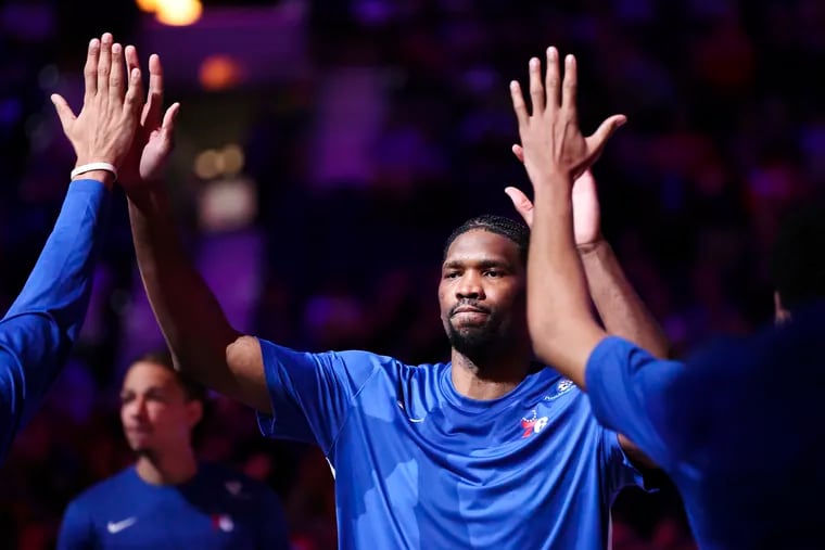 Philadelphia 76ers center Joel Embiid is introduced before a game against the Oklahoma City Thunder at the Wells Fargo Center in Philadelphia on Tuesday, April 2, 2024. Embiid returned to the lineup after missing two months of action following knee surgery.