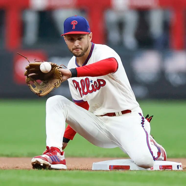 Phillies shortstop Trea Turner had to leave in the seventh inning in the second of Saturday's two-game doubleheader series with the Mets due to a bruised elbow. 

agcatches the baseball during a New York Mets steal attempt on Saturday, Sept. 23, 2023 in Philadelphia.