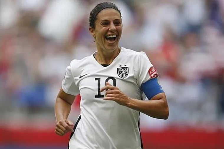 United States midfielder Carli Lloyd (10) celebrates after scoring against Japan during the first half of the final of the FIFA 2015 Women's World Cup at BC Place Stadium. (Michael Chow/USA Today)