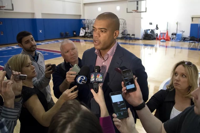 New Sixers vice president of player personnel Marc Eversley talks with the media at the predraft workout.