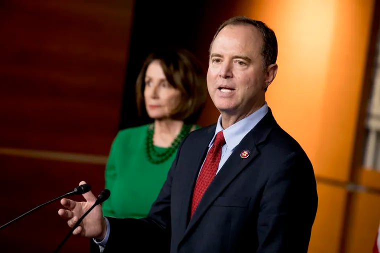 Rep. Adam Schiff, D-Calif., Chairman of the House Intelligence Committee, right, accompanied by House Speaker Nancy Pelosi of Calif., left, speaks about the House impeachment inquiry into President Donald Trump at a news conference on Capitol Hill in Washington, Tuesday, Oct. 15, 2019.