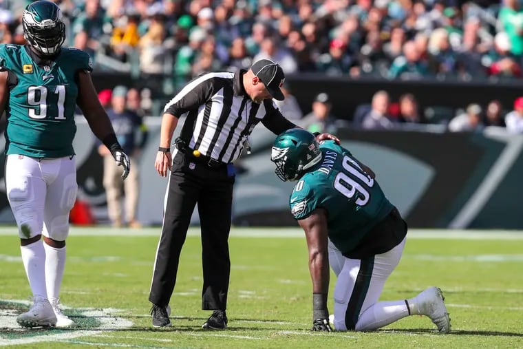 Philadelphia Eagles defensive tackle Jordan Davis was injured in the second quarter against the Pittsburgh Steelers at Lincoln Financial Field in Philadelphia on Sunday, Oct. 30, 2022.
