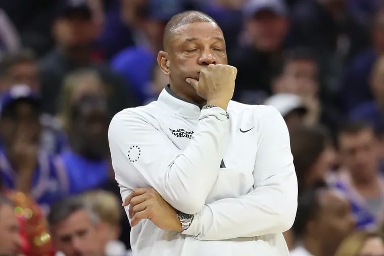 Sixers head coach Doc Rivers closes his eyes against the Boston Celtics in the fourth quarter during Game 3 of the Eastern Conference semifinal playoffs on Friday, May 5, 2023 in Philadelphia.
