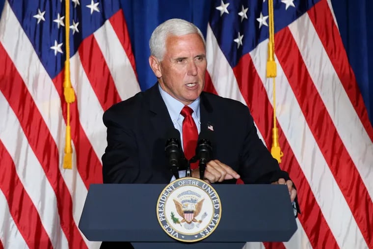 Vice President Mike Pence speaks at a rally supporting police at the Fraternal Order of Police Lodge No. 5 in Northeast Philadelphia on Thursday.