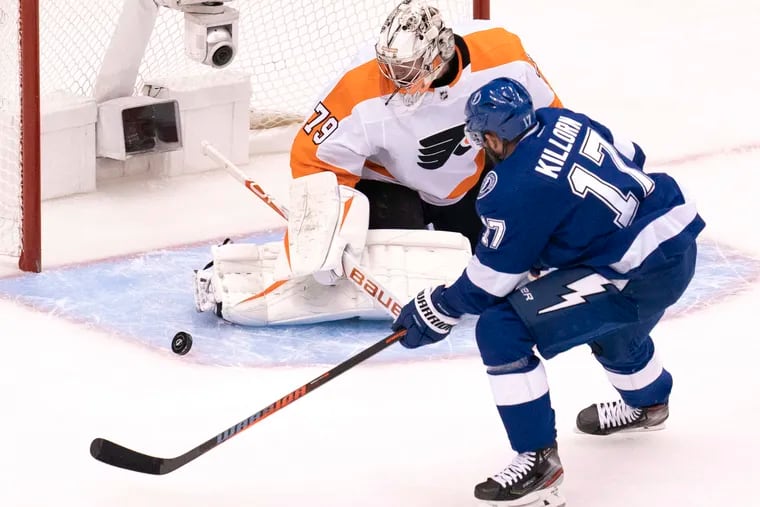 Carter Hart stopped 23 of 24 shots against Tampa Bay on Saturday, including this attempt by Alex Killorn. Up next for the Flyers and their young goalie is a date with the Canadiens.