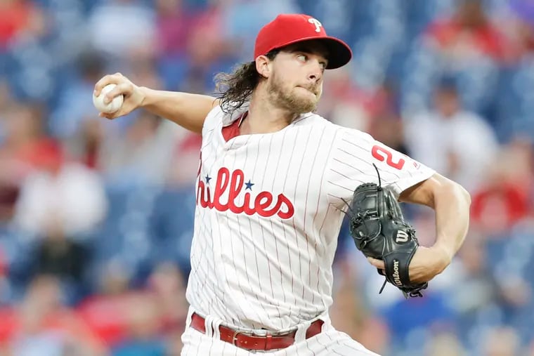 Aaron Nola will finish the season with a 12-7 record and 3.87 ERA in 34 starts for the Phillies.