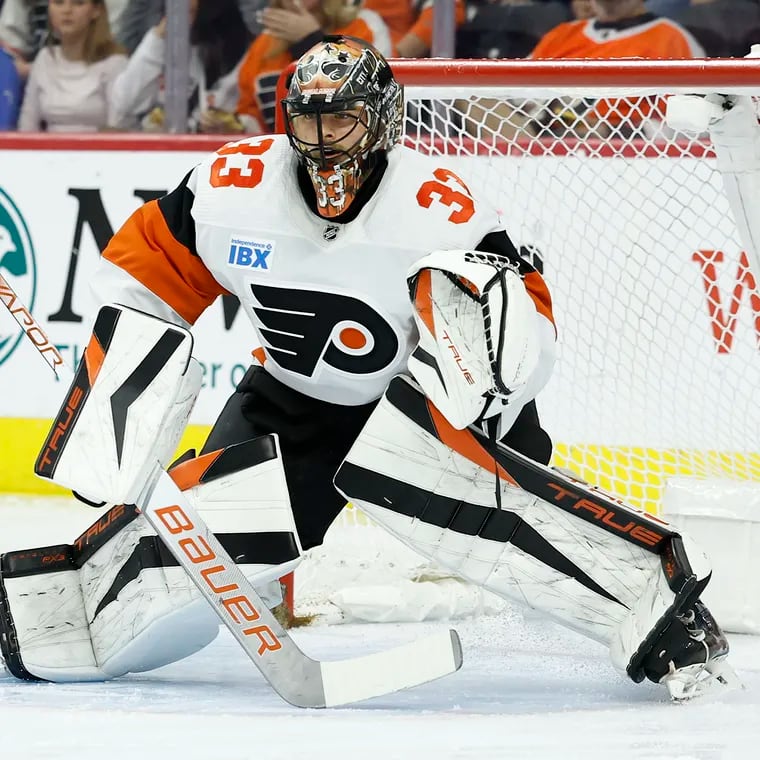 Flyers goaltender Samuel Ersson playing against the New Jersey Devils on April 13.