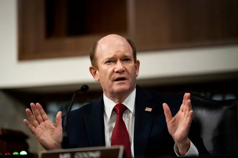 Sen. Chris Coons, D-Del., speaks during a Senate Judiciary Committee oversight hearing on Capitol Hill in Washington, Wednesday, Aug. 5, 2020, to examine the Crossfire Hurricane investigation.